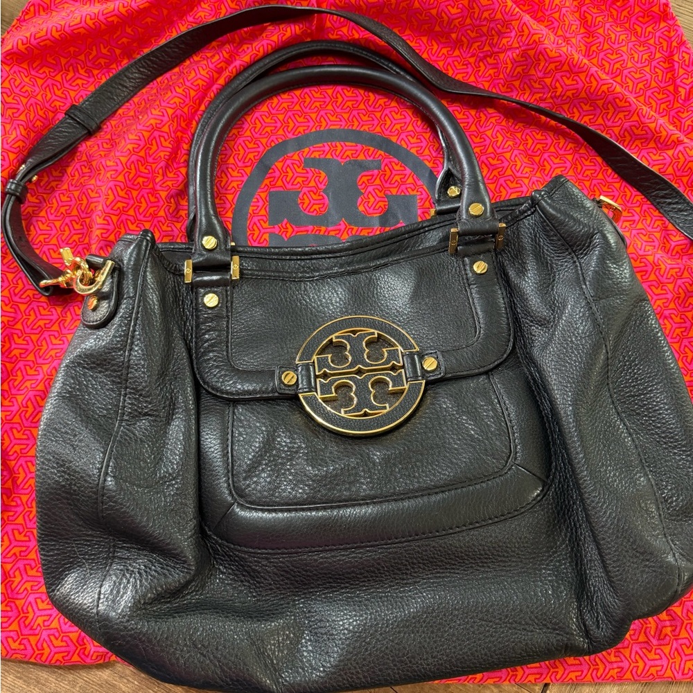 Tory Burch Black Leather Shoulder Bag with Gold Logo Emblem